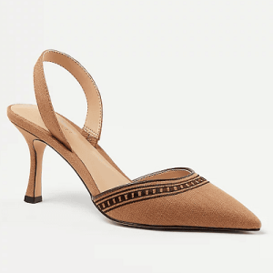 brown linen slingback pumps with embroidered details