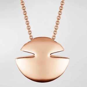 rose-gold necklace with circular-ish pendant with unusual cutouts (inspired by