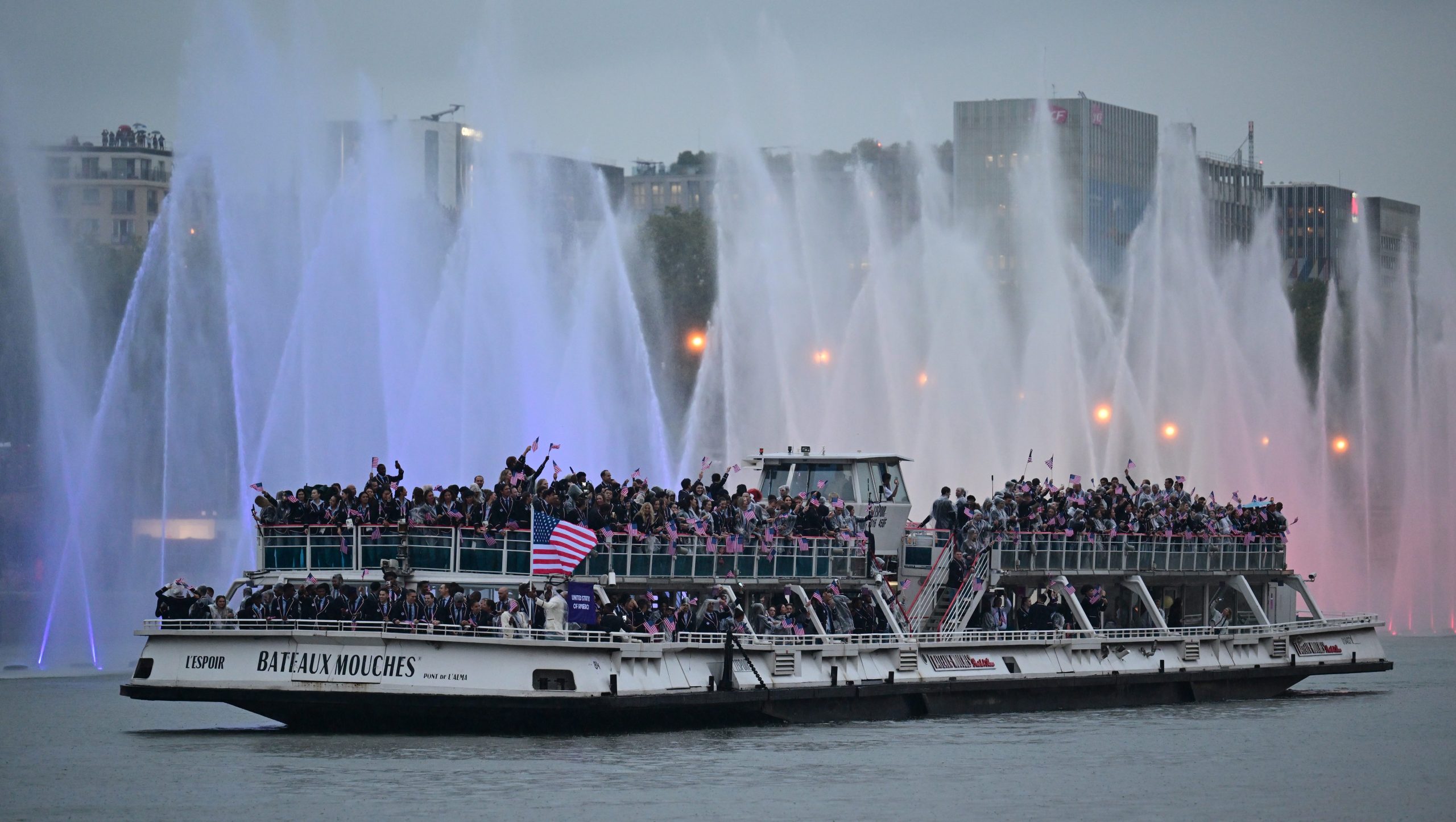 26 July 2024, France, Paris: Olympia, Paris 2024, Opening Ceremony of the Summer Olympics, Team USA at the Opening Ceremony. Photo: Sina Schuldt/dpa (Photo by Sina Schuldt/picture alliance via Getty Images)