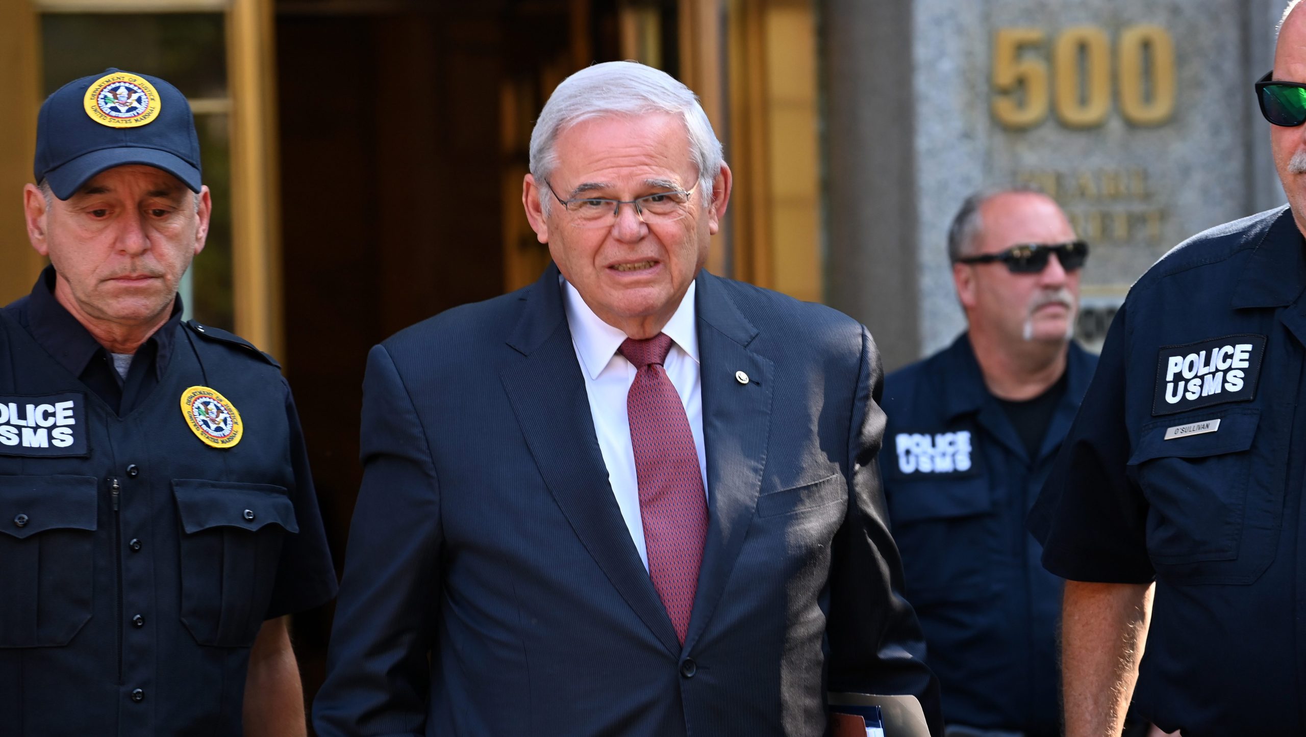 NEW YORK, NY - JULY 15: Senator Bob Menendez leaves Federal Court in lower Manhattan on the first full day of jury deliberation in his bribery trial on July 15, 2024 in New York City.  Senator Menendez is on trial for 16 felony counts including extortion and acting as a foreign agent. (Photo by Andrea Renault/Star Max/GC Images)