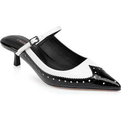 black and white pointed-toe wingtip mary jane mule with a kitten heel