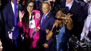 CHICAGO, ILLINOIS - AUGUST 20: Rapper Lil Jon (R) performs with the Georgia delegation during the Ceremonial Roll Call of States on the second day of the Democratic National Convention at the United Center on August 20, 2024 in Chicago, Illinois. Delegates, politicians, and Democratic Party supporters are gathering in Chicago, as current Vice President Kamala Harris is named her party's presidential nominee. The DNC takes place from August 19-22. (Photo by Chip Somodevilla/Getty Images)