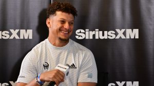 ST JOSEPH, MISSOURI - AUGUST 13: Patrick Mahomes participates in Sirius XM's  NFL Radio Town Hall with Andy Reid and the Kansas City Chiefs at Missouri Western State University on August 13, 2024 in St Joseph, Missouri. (Photo by Fernando Leon/Getty Images for SiriusXM)