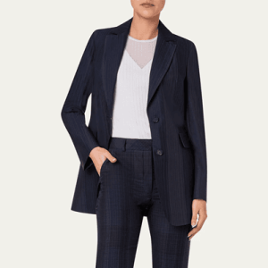 woman wears dark blue suit