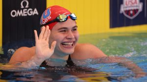 WESTMONT, ILLINOIS - APRIL 13: Luana Alonso of Paraguay reacts after winning the Women's 100 Meter Butterfly consolation on Day 2 of the TYR Pro Swim Series Westmont on April 13, 2023 in Westmont, Illinois. (Photo by Michael Reaves/Getty Images)