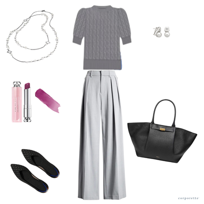 flatlay collage showing gray pants, darker gray sweater, black pointed toes, a black tote, pearl earrings, and a MLBB tint