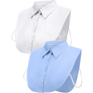 two fake collars aka dickies are shown in white and blue