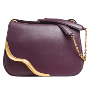 purple leather crossbody bag with gold metallic details