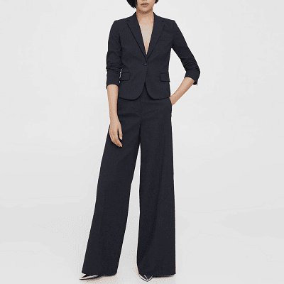 navy seersucker suit with short shrunken blazer and wide leg pants