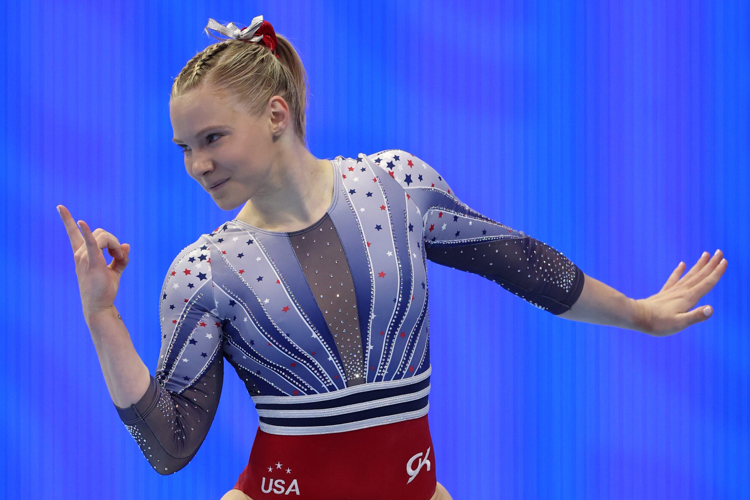 Jade Carey competes in the floor exercise on Day Two of the 2024 U.S. Olympic Team Gymnastics Trials at Target Center on June 28, 2024 in Minneapolis, Minnesota.