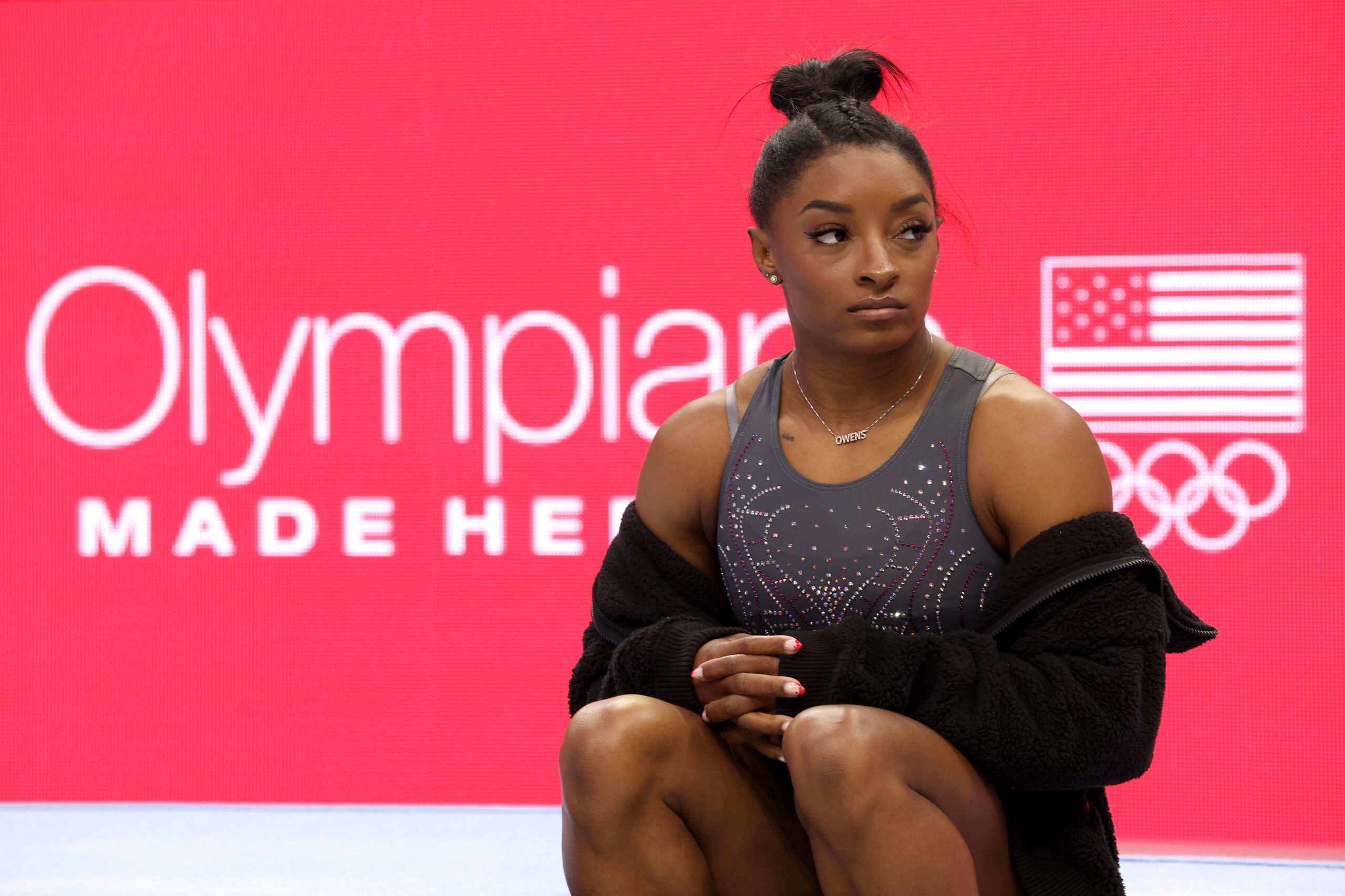 Simone Biles looks on prior to the start of Day Two of the 2024 U.S. Olympic Team Gymnastics Trials at Target Center on June 28, 2024 in Minneapolis, Minnesota.