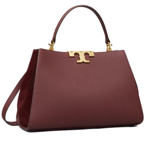 burgundy satchel bag with T emblem at top