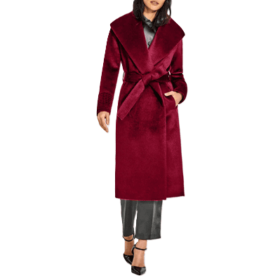 burgundy wrap coat with big shawl lapels