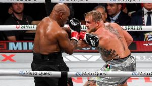 Texas , United States - 15 November 2024; Jake Paul, right, and Mike Tyson during their heavyweight bout at AT&T Stadium in Arlington, Texas, USA. (Photo By Stephen McCarthy/Sportsfile via Getty Images)