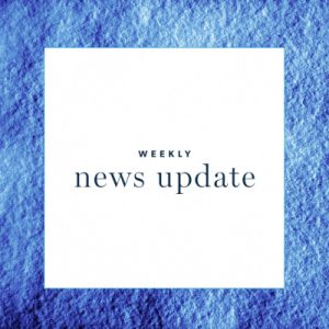 A white square with text "weekly news update," surrounded by a blue border