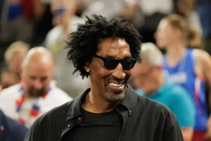 Former NBA players Scottie Pippen greet one another at the Women's Gold Medal game between Team France and Team United States on day sixteen of the Olympic Games Paris 2024 at Bercy Arena on August 11, 2024 in Paris, France. (Photo by Tnani Badreddine/DeFodi Images via Getty Images)