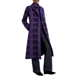 woman wears purple plaid coat with gold buttons and multiple shades of purple